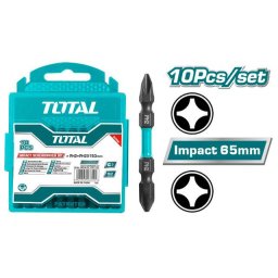 Set 10 biti de impact TOTAL PH2 65 mm din otel S2, dublu cap
