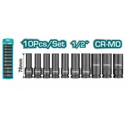 Set tubulare lungi de impact TOTAL 1/2" Cr-Mo, 10 piese, 78 mm