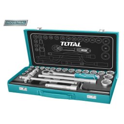 Trusa chei tubulare 1/2 TOTAL Industrial cu clichet, 24 piese în cutie metalica