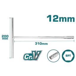 Cheie tubulara cu maner în T TOTAL 12 mm, Cr-V, 200×310 mm, 6PT