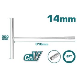 Cheie tubulara cu maner în T TOTAL 14 mm, Cr-V, 200 x 310 mm, 6PT