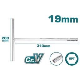 Cheie tubulara cu maner în T TOTAL 19 mm, 200 x 310 mm, Cr-V 6PT