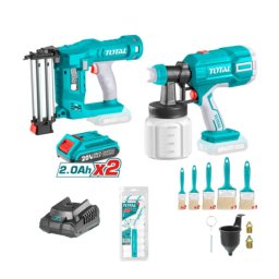 Set TOTAL 20V pistol vopsit si pistol cuie, cu 2 baterii, încarcator si accesorii