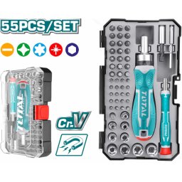 Set surubelnita cu clichet TOTAL, 55 piese Cr-V, biti si tubulare în cutie