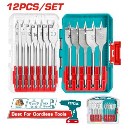 Set 12 burghie plate pentru lemn TOTAL, tija hex 1/4", 8–32 mm