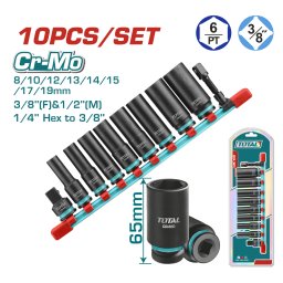 Set tubulare de impact adanci 3/8" TOTAL, 10 piese Cr-Mo cu adaptoare