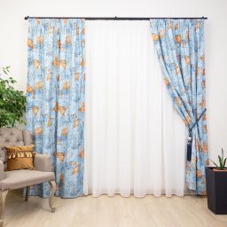 Set 2 draperii bumbac, Hiko Nostalgie Garden, albastru, Blue Leaf, cu rejansa Premium creion de 6,5cm