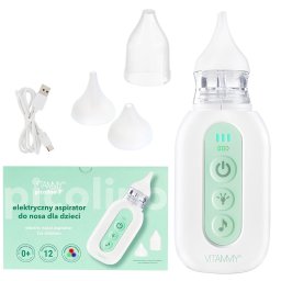 Aspirator nazal electric Vitammy Picolino 7, pentru copii din prima zi de viata, 2 capete de schimb, 3 niveluri de putere, 12 melodii, iluminare colorata, incarcare USB-C