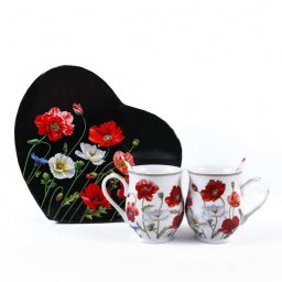 Set cadou 2 cani cu lingurite Maci 350 ml in cutie inima