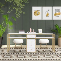 MANIAU206 - Masuta manichiura dubla, birou dublu, 200 cm, masa cosmetica pentru salon - Alb imitatie de marmura - Auriu
