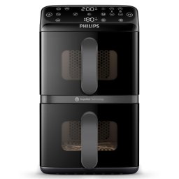 Friteuza verticala dubla cu aer cald Philips Dual Stack 4000 NA460/00, 2750 W, 10 l, 13 programe, 40-220°C, Sincronizare, Acoperire ceramică fara PFAS, Fereastra, Negru