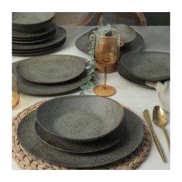 Set de veselă 18 piese, antracit/verde, din ceramică