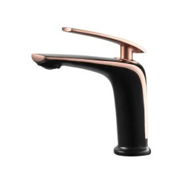 Baterie lavoar baie din alama sanitara, negru mat cu accente rose gold, 18 cm
