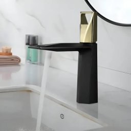 Baterie pentru lavoar din alama sanitara, negru mat cu auriu lucios, 22 cm