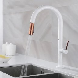 Baterie de bucatarie cu dus extractibil, alama sanitara, alb lucios Rose Gold 44 cm