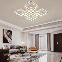 Lustra LED LEILA 175W cu telecomanda si cristale, 8 patrate, dimabila, alb-crom