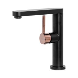 Baterie lavoar negru mat cu accente rose gold, alama sanitara, 20 cm
