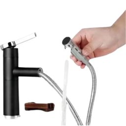 Baterie lavoar neagra cu dus extractibil, din alama sanitara, 22 cm, WZX/2022