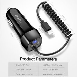 Incarcator auto RXFLY 2.1A cu cablu spiralat Lightning pentru iPhone