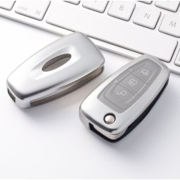 Husa cheie Ford tip briceag din TPU+PC, gri silver, pentru Focus Fiesta Transit