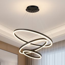 Lustra LED suspendata Casiana 85W, 3 cercuri, dimabila, telecomanda, negru
