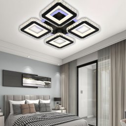 Lustra LED LEILA 69W RGB cu telecomanda, 4 patrate, dimabila, negru si cristal