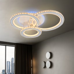 Lustra LED Nova Rotonda RGB 75W cu telecomanda si cristale, 3 cercuri, alb