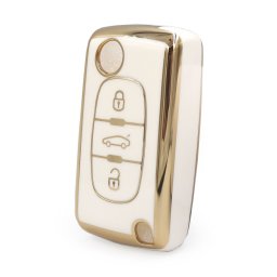 Husa pentru cheie briceag Peugeot 407 / Citroen C4 C5, TPU alb cu contur auriu, 3 butoane