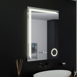 Oglinda LED dreptunghiulara 60x80 cm Marcello, cu dezaburire, ceas si lupa