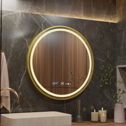 Oglinda LED rotunda 70 cm auriu, dezaburire, ceas si termometru, dimabila