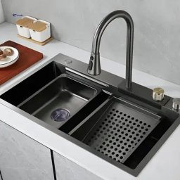 Set chiuveta bucatarie inox negru grafit 75x45 cm cu baterie dubla si accesorii