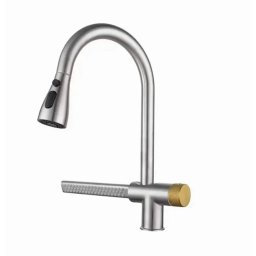 Baterie de bucatarie din inox satinat cu dus extractibil si 3 functii, tip cascada
