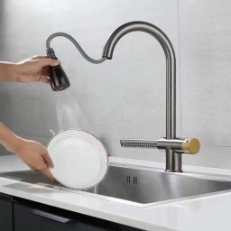 Baterie de bucatarie inox Gun Grey cu dus extractibil si functie cascada YB1500N