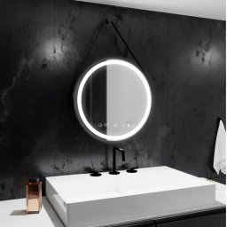 Oglinda LED rotunda 50 cm Marcello, negru, cu dezaburire, ceas si senzor