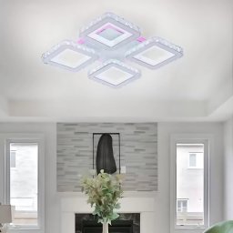 Lustra LED Leila 69W cu telecomanda, cristal si RGB, 4 patrate, alb-crom