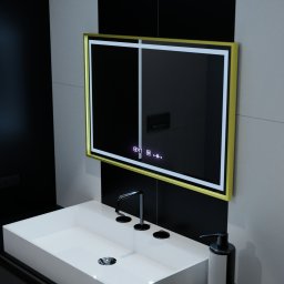 Oglinda LED baie 100x65 cm cu rama aurie, dezaburire, ceas si termometru