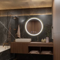 Oglinda LED rotunda 60 cm, rama aurie, MotionGlow, dezaburire, ceas