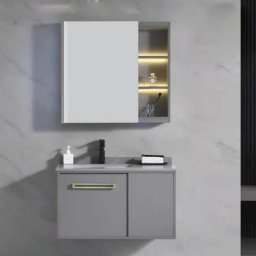 Set mobilier baie gri 80 cm, 3 piese cu lavoar din piatra si oglinda