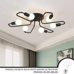 Lustra Modernist Hexa 6 cu 6 dulii E27, negru mat, design geometric pentru living