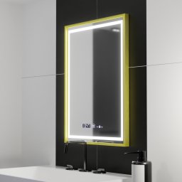 Oglinda LED dreptunghiulara 50x70 cm, aurie, dimabila, cu dezaburire, ceas si termometru