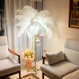 Lampadar cu pene Politidis, 120 cm, alb-auriu, 1xE14, pentru interior