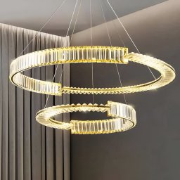 Lustra LED suspendata cu cristal PRISM REGAL 81W, 2 cercuri, auriu, dimabila