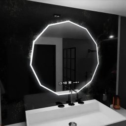 Oglinda LED poligon 60 cm Marcello, senzor miscare, dezaburire, ceas si termometru