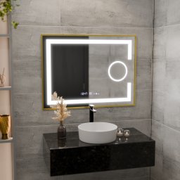 Oglinda LED baie 80x60 cm Marcello, dezaburire, ceas/termometru, lupa, rama aurie