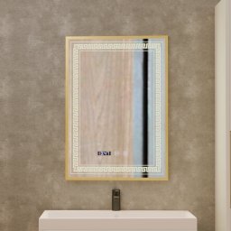 Oglinda LED Touch Bruno 60x80 cm, cu dezaburire, ceas si temperatura, rama aurie brushed
