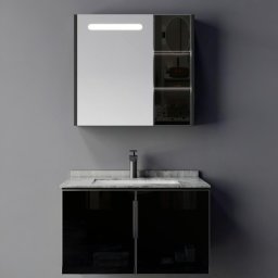 Set mobilier baie RHODOS 80 cm, 2 piese, negru-alb, cu lavoar si oglinda