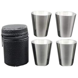 Set 4 pahare shot din inox 30 ml, cu husa tip piele MagicHome