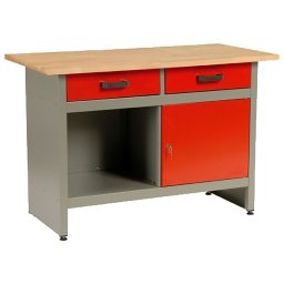 Banc de lucru metalic cu 2 sertare si dulap, blat din lemn 121,5x61,5 cm