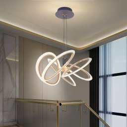 Lustra LED suspendata Rimini 86W, 5 inele, dimabila cu telecomanda, auriu