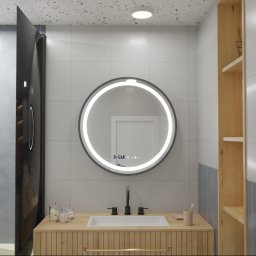 Oglinda LED rotunda 80 cm Celeste Majeste Noir, dimabila, cu dezaburire, ceas si termometru